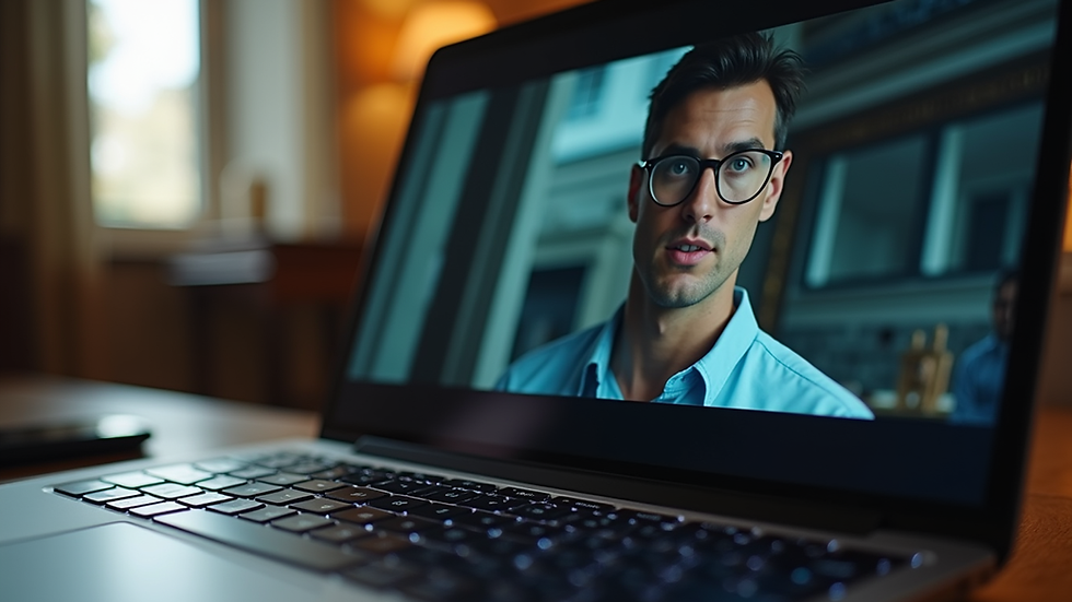 Close-up view of a laptop screen showing an English movie scene