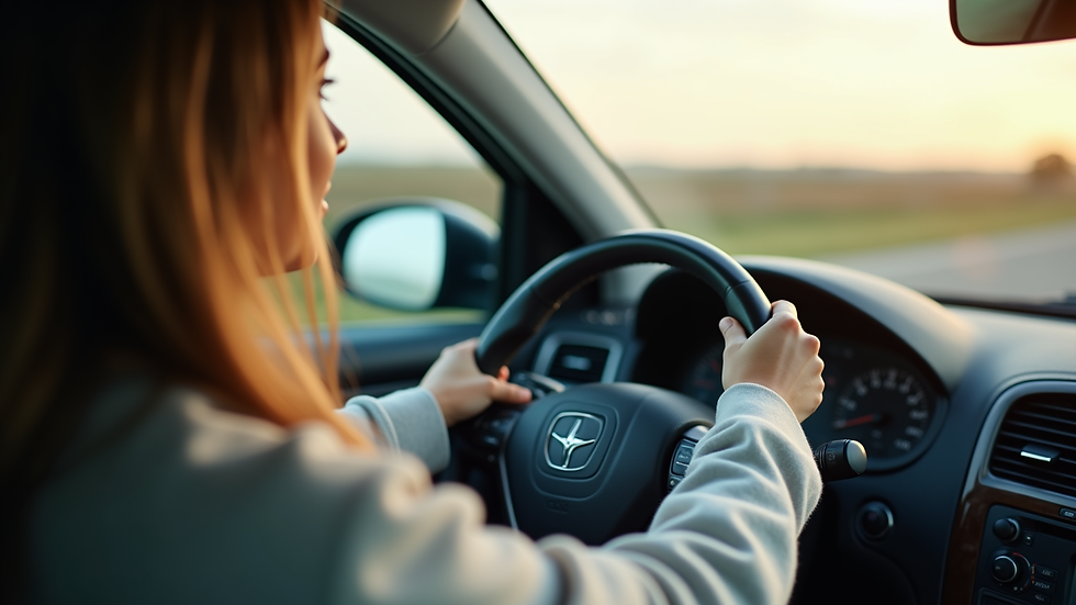 Close-up view of a learner driver holding a steering wheel during a driving lesson