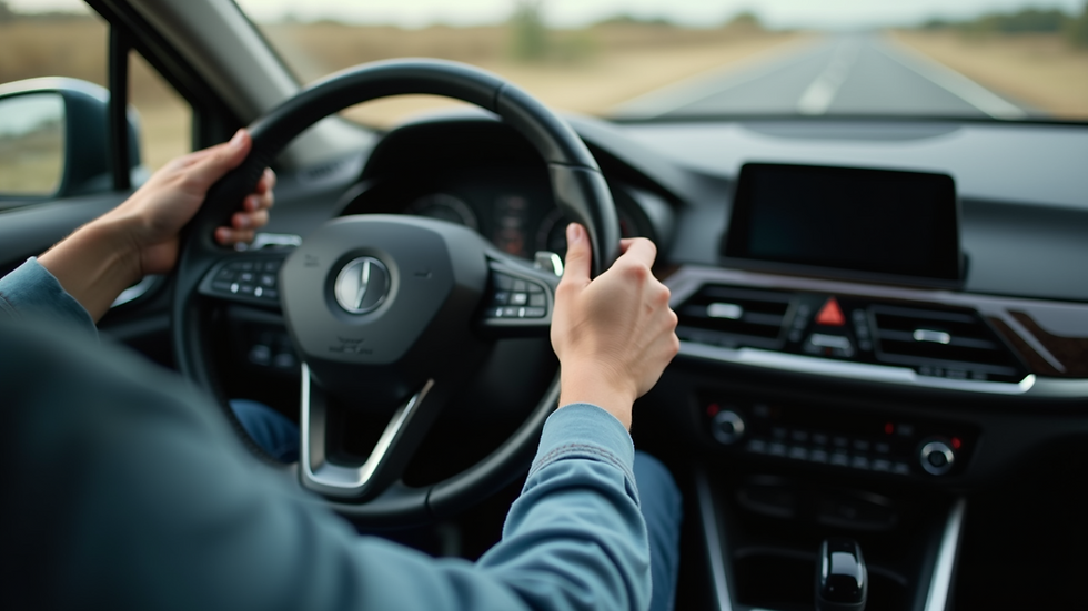 Close-up view of a learner driver’s hands on a steering wheel inside a car