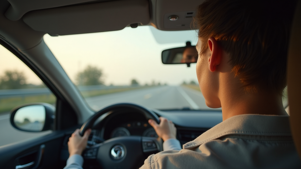 Close-up view of a learner driver using mirrors while driving