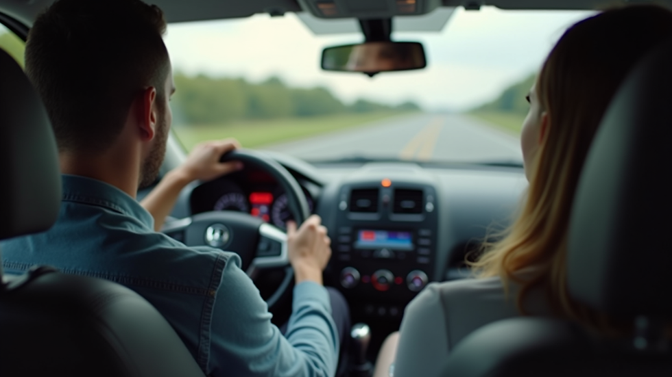 Close-up view of a car dashboard with a learner driver holding the steering wheel