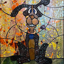 Stained Glass cartoon dog in a field of Confetti Glass