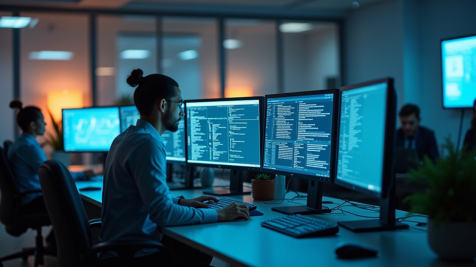 Eye-level view of a modern office workspace with multiple screens displaying language data