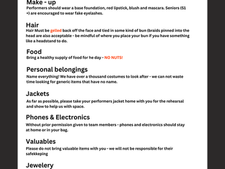 Costume list for KDance shows 2025
