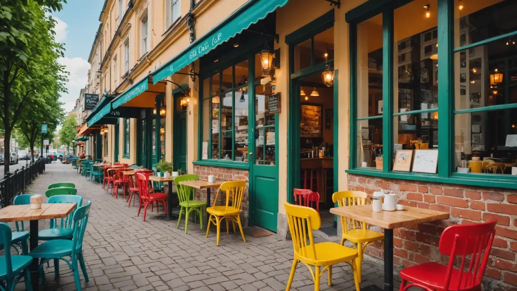 Eye-level view of a cozy local café with colorful outdoor seating