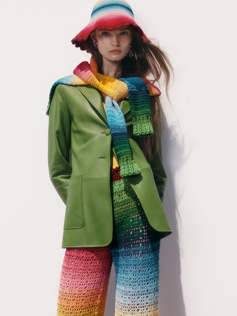 Oscar de la Renta Spring 2024 handmade crochet pants, pullover and hat in rainbow multicolored  cotton
