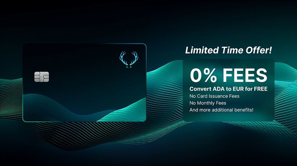 A sleek dark Gero Crypto Card on a teal wave-patterned background with a glowing teal overlay box on the right reading: “Launch Promotion! Limited Time Offer! 0% FEES Convert ADA to EUR for FREE No Card Issuance Fees No Monthly Fees And more additional benefits!” and a small note “Powered by Satchel.eu” in the corner.