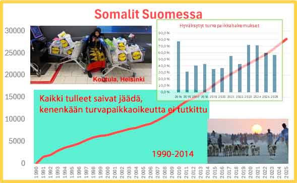 Vuoden 1990 luku on nolla, koska ulkomaalaiset tilastoidaan vasta kuntapaikan saatuaan. Kanteluni romahdutti turvapaikan saaneiden osuuden 2016