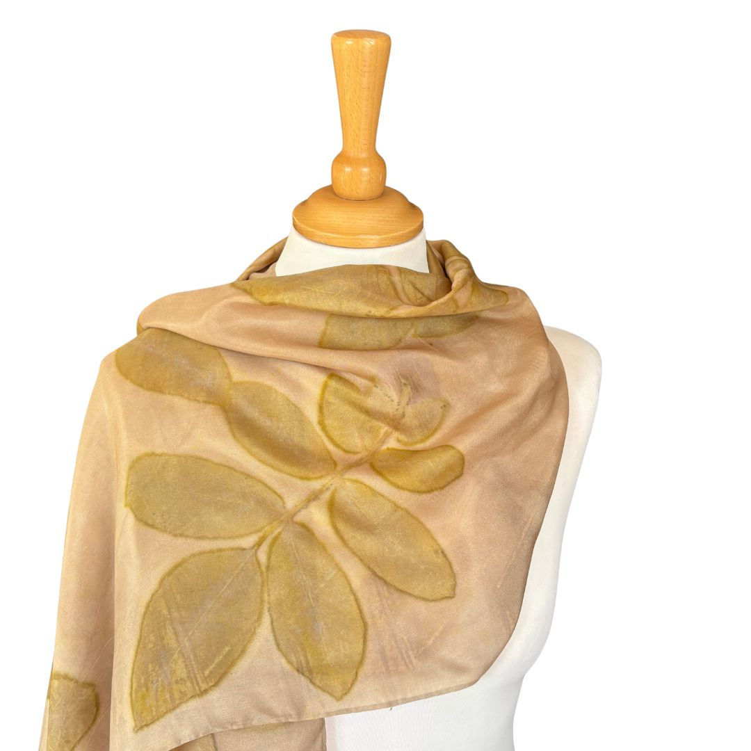 Naturally Hand Dyed and Botanically Printed Silk Scarf Walnut Gold