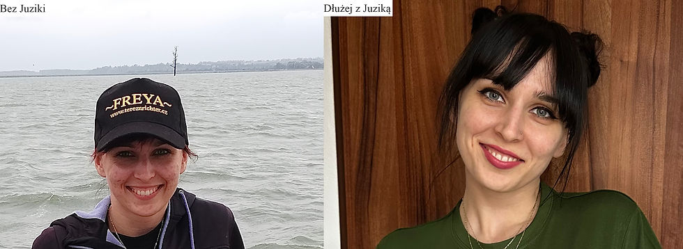 Porównanie dwóch zdjęć kobiety — po lewej stronie „Bez Juziki”, po prawej „Dłużej z Juziką”. Na drugim zdjęciu skóra wygląda na spokojniejszą i bardziej zrównoważoną.