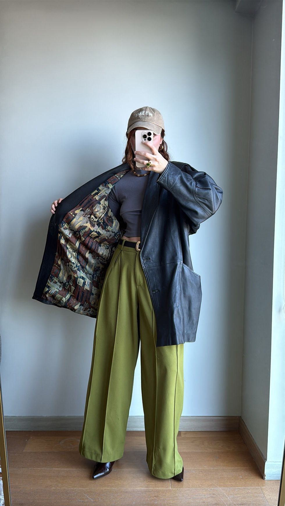 Küçük resim: Vintage Astarı Desenli Balon Kol Gerçek Deri Ceket