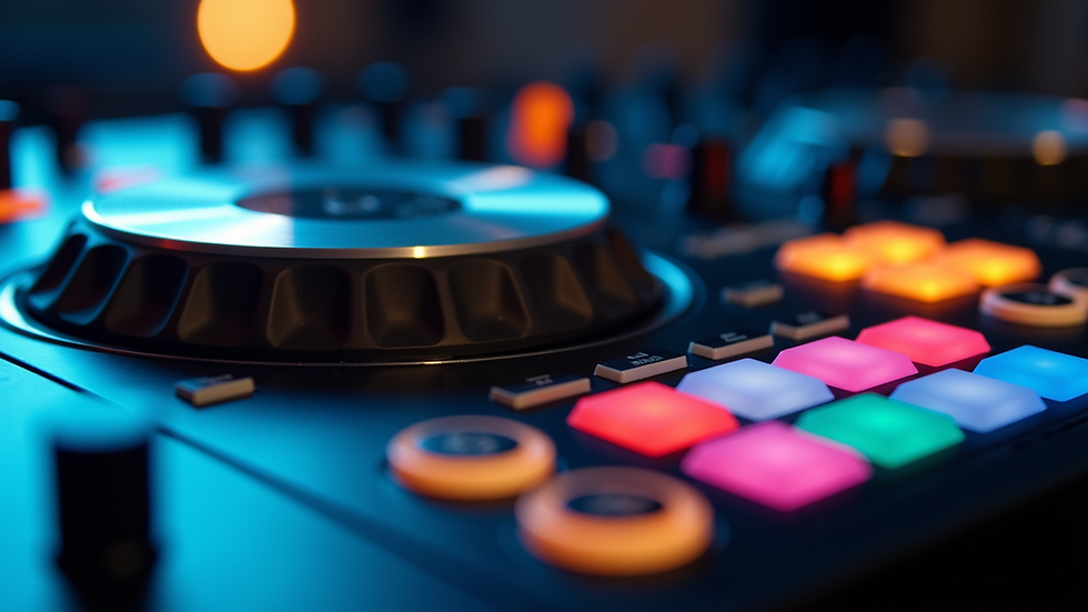 Close-up view of DJ controller with colorful buttons and sliders
