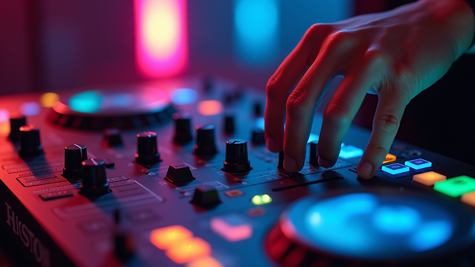 Close-up view of a DJ mixing console with colorful buttons and sliders