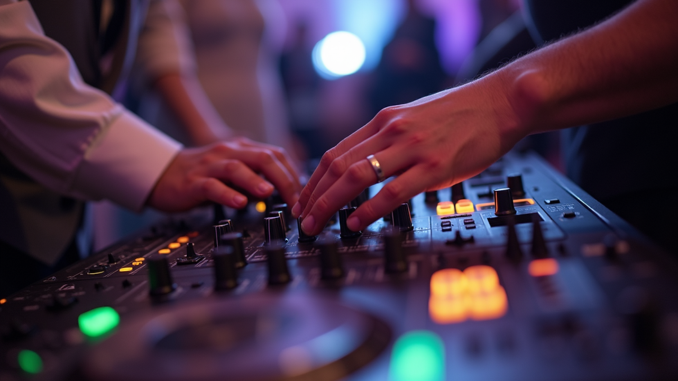 Close-up view of DJ hands adjusting mixer controls at a wedding event