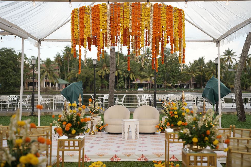 Wedding stage decorated with an Onam theme