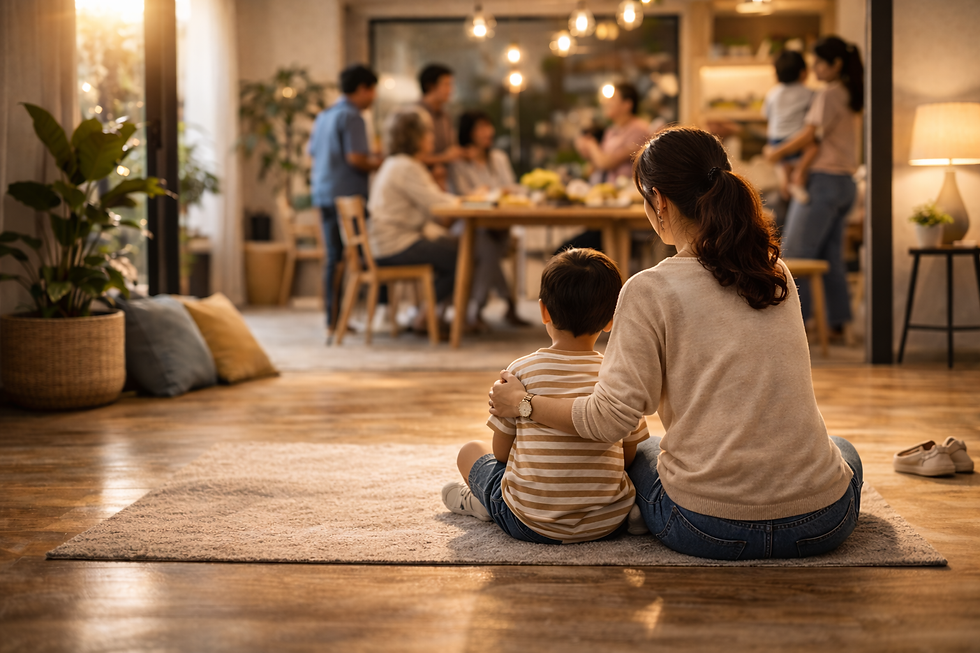 Mother sitting beside child in quiet corner during busy family gathering, supporting emotional regulation in overstimulating environment