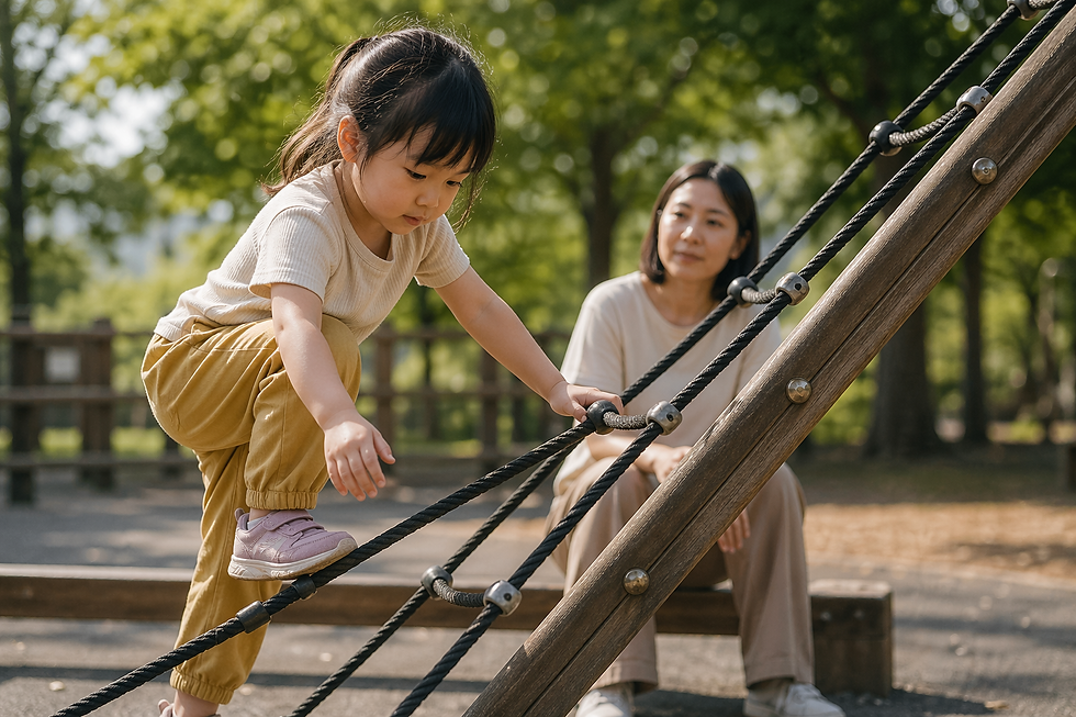 Asian toddler pausing mid-climb on a playground structure while an adult observes nearby without intervening.