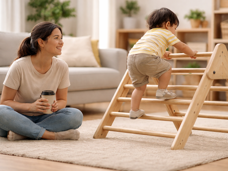 Asian parent seated nearby, calmly observing a toddler playing independently at home, illustrating attentive supervision without hovering.