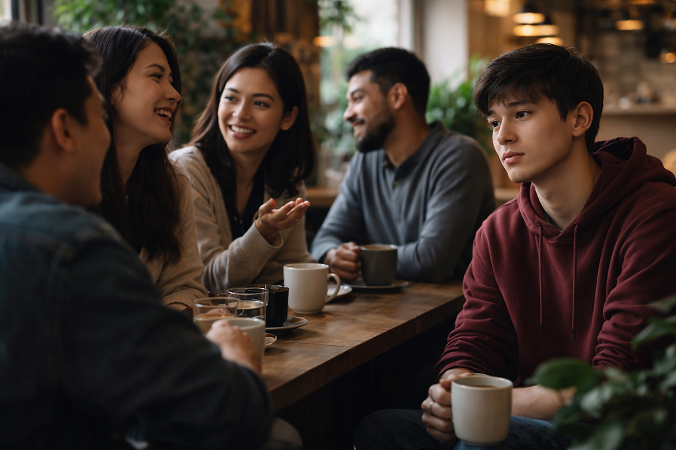A group of Asian young adults sitting at a café table in conversation while one person sits slightly apart, capturing a subtle moment of social exclusion and inclusion.