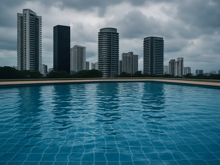 An outdoor swimming pool under cloudy skies, with rippling water in the foreground and tall modern buildings in the background, resembling Singapore’s urban landscape.