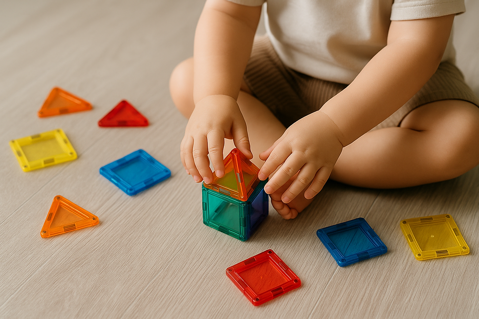 Close-up of a toddler’s hands building a small house with colorful magnetic tiles on a wooden floor.
