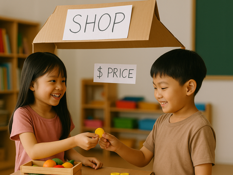 Two young Asian children playing pretend shop, one standing behind a cardboard stall with a handwritten sign and the other holding play money. The scene shows creativity, collaboration, and joy in learning through play.