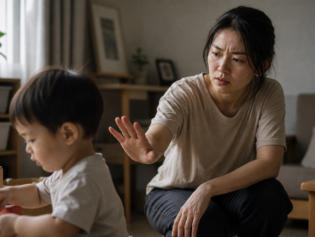 Parent pausing mid-reaction with hand raised while toddler plays independently, reflecting hesitation and generational parenting patterns