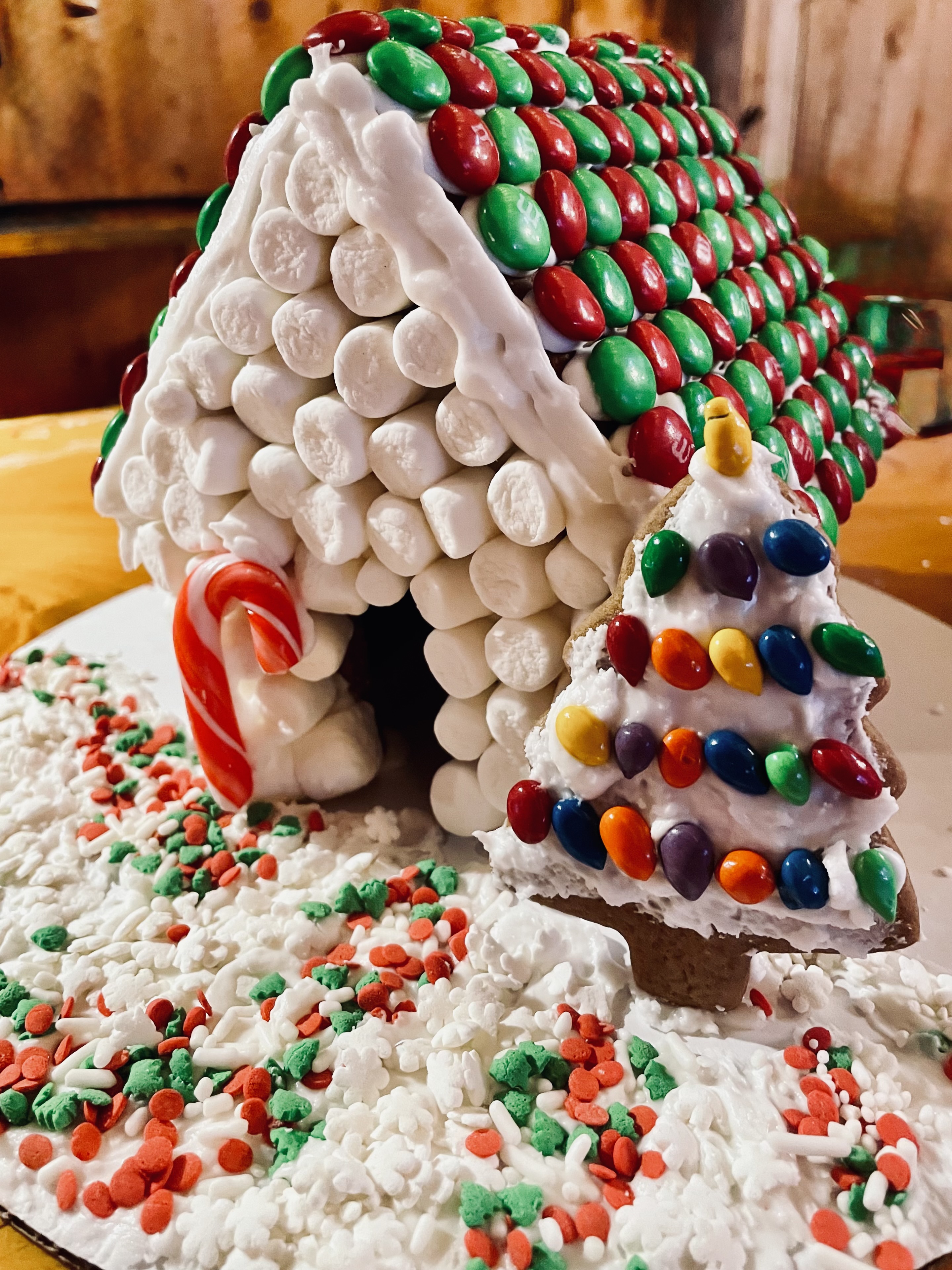 marshmallow and candy decorated gingerbread house