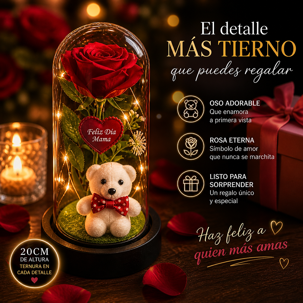 Miniatura: Rosa En Cúpula Con Oso Luz Regalo Mamá Decorativo 20 cms