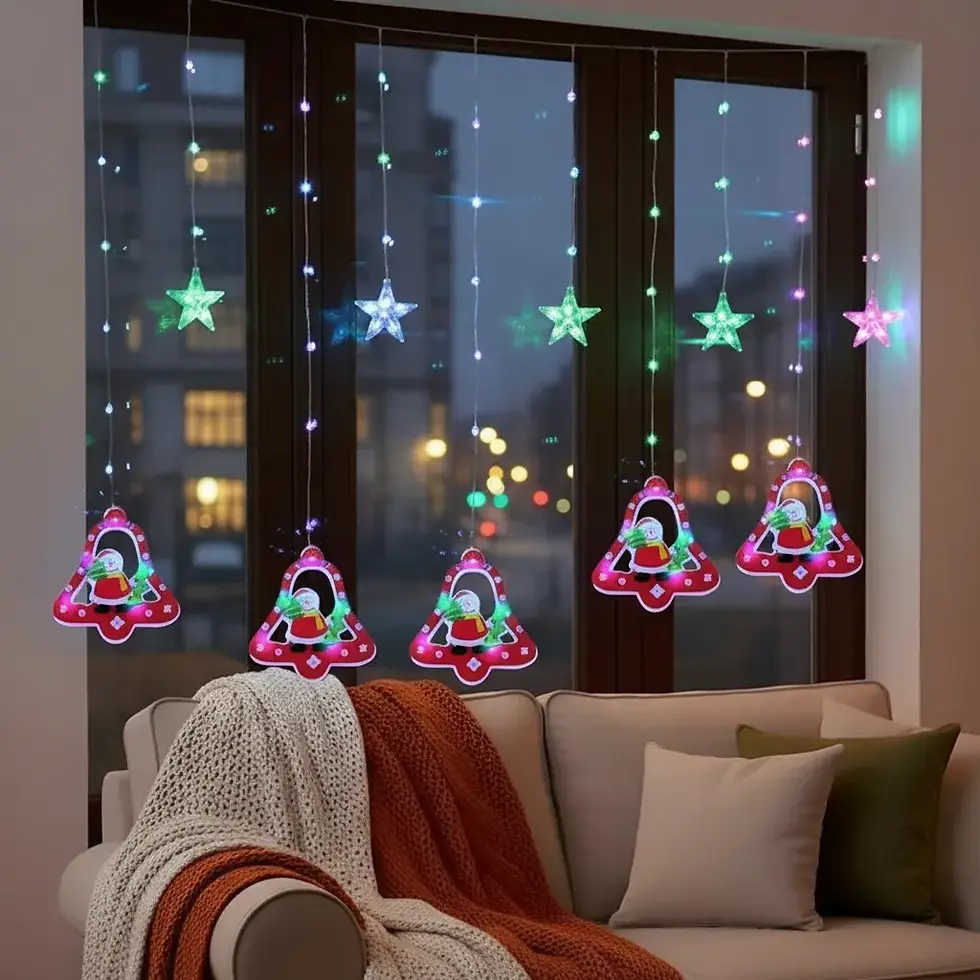 Miniatura: Cortina De Luces Navideñas Campana Con Muñeco De Nieve Y Estrella