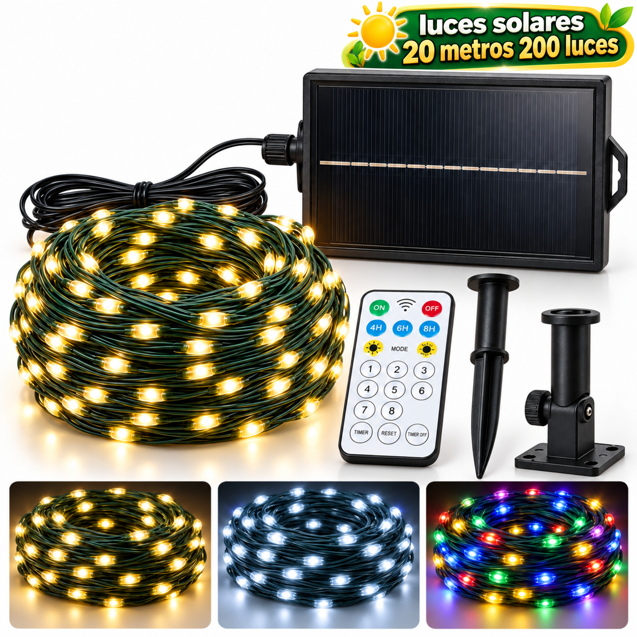 Guirnalda Solar 20 m 200 LED IP65 con Control Remoto y Panel 11x9 cm