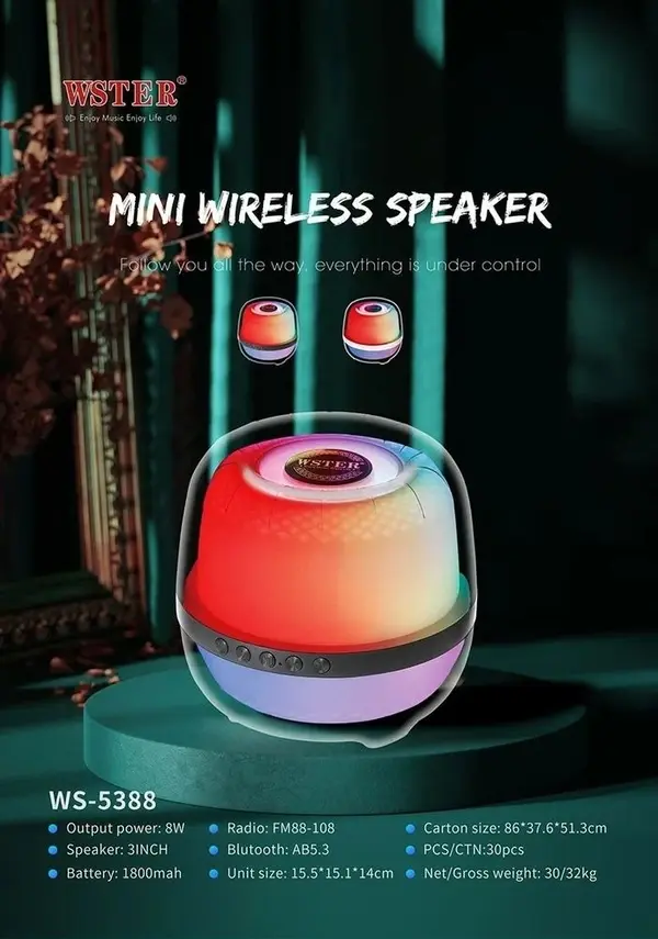 Miniatura: Parlante Bluetooth Transparente WS-5388 con Luces RGB y Sonido 360°