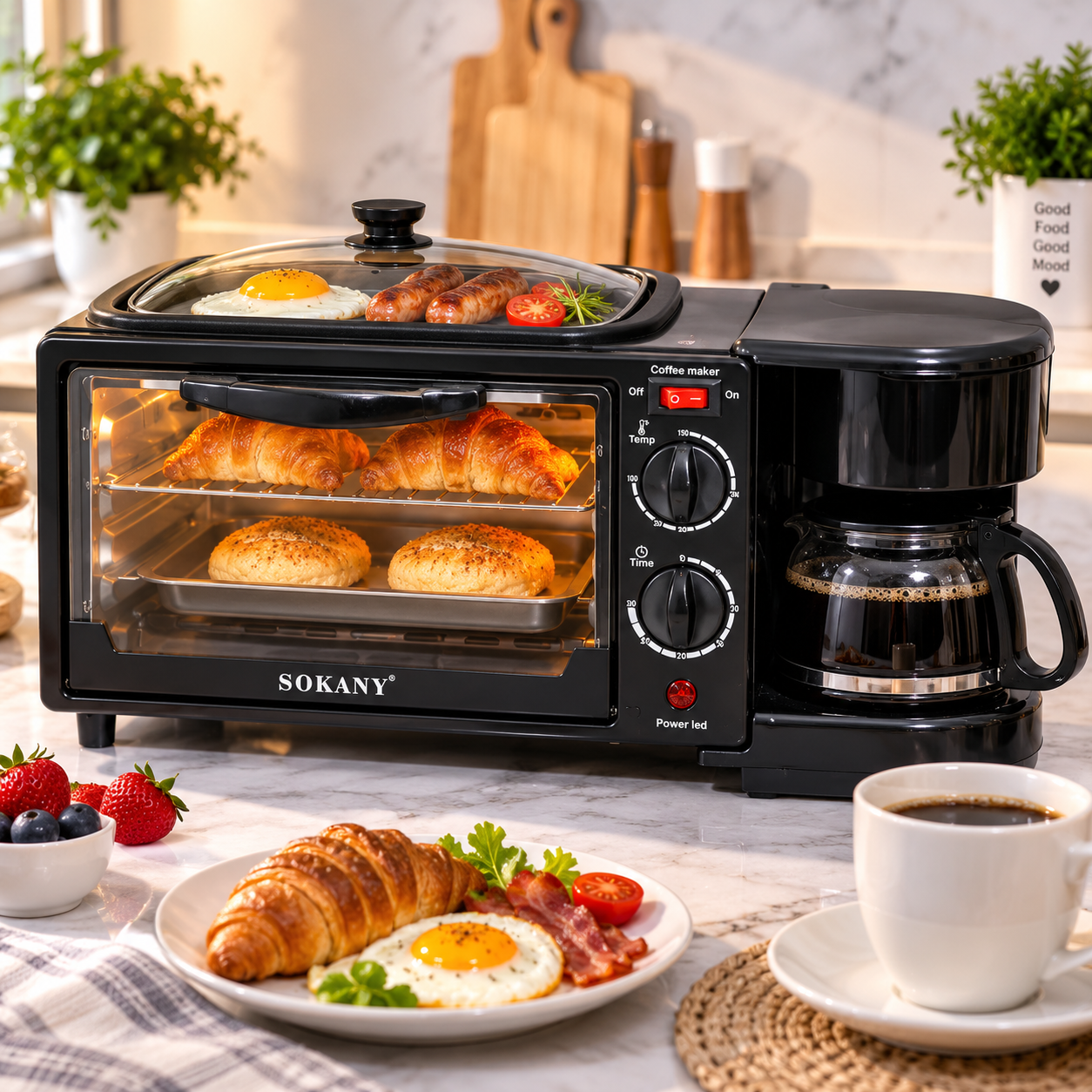 Estación de Desayuno Sokany SK-145 3 en 1 Horno Plancha y Cafetera