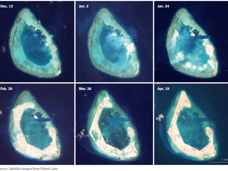 Satellite images show island formation stages from Dec 13 to Apr 19, depicting increasing land area and changes in the lagoon.