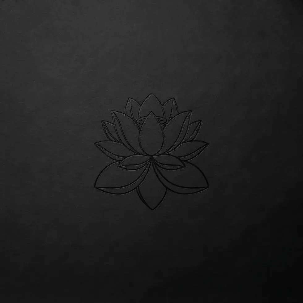 Minimalist digital illustration of a dark lotus flower with embossed texture. The design evokes a serene and spiritual atmosphere.