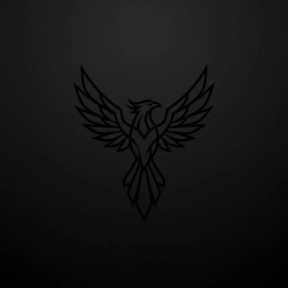 Graphic design of a stylized phoenix with outstretched wings, set against a dark, textured background. The emblem represents rebirth and power.