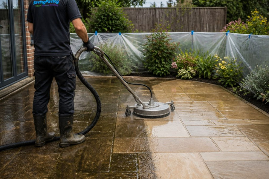 A uniformed operative using a rotary surface cleaner on an Indian sandstone patio, with plants and fencing protected by sheeting in the background, water being recovered, and the cleaned half of the patio clearly lighter than the uncleaned half