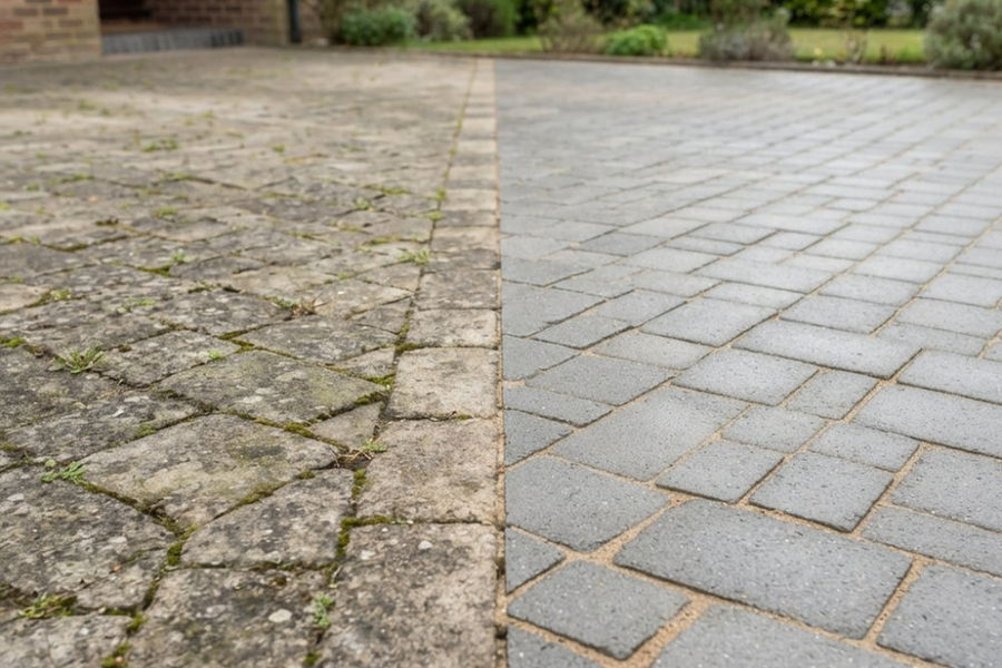 A professional in a uniform kneeling to inspect a weathered block paving driveway, with a clean, colour-restored section visible behind them in soft daylight