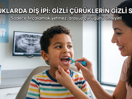 "Çocuklarda arayüz çürüğünü önlemek için renkli çatallı diş ipi kullanımını gösteren pedodonti blog kapak görseli."