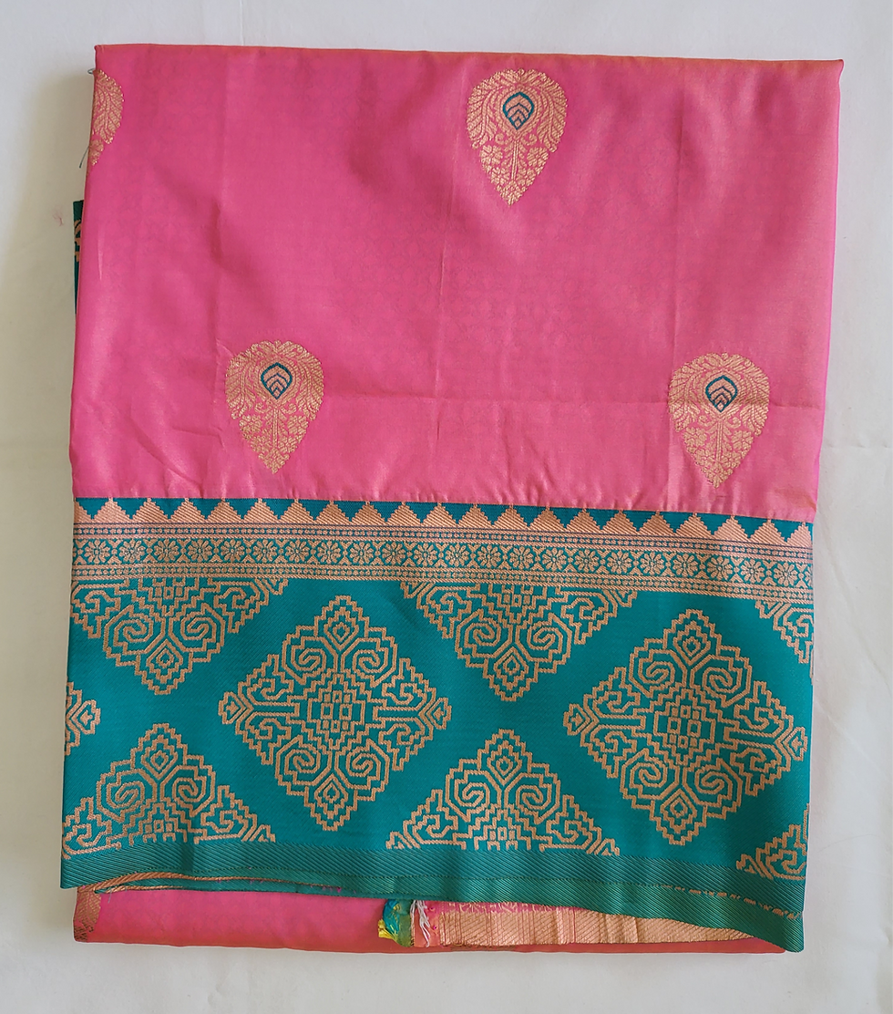 Katan Border | Soft Silk Saree | Pink with Green Border