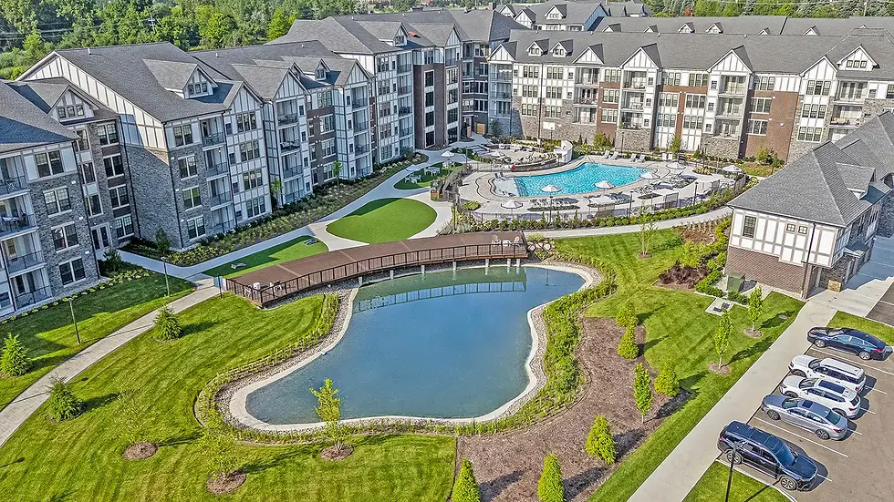 aerial photo of courtyard, pond and pool-web