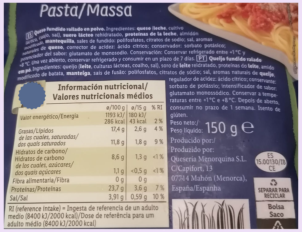 Etiqueta alimentaria con lista de ingredientes y la información nutricional.