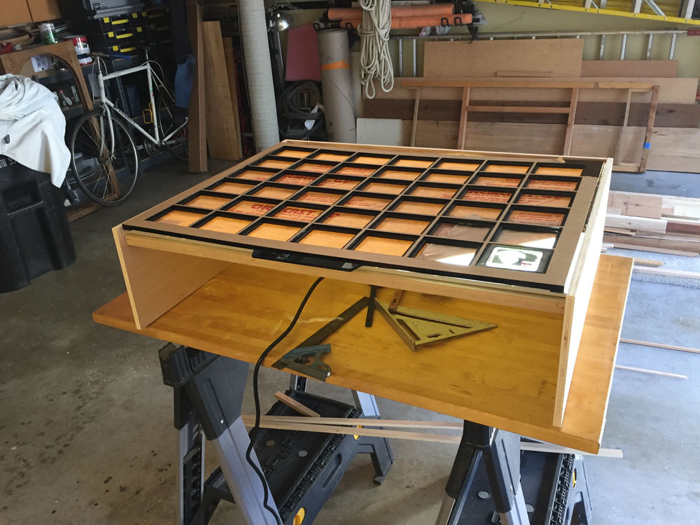 lantern slide display, archival furniture, beautiful walnut grain