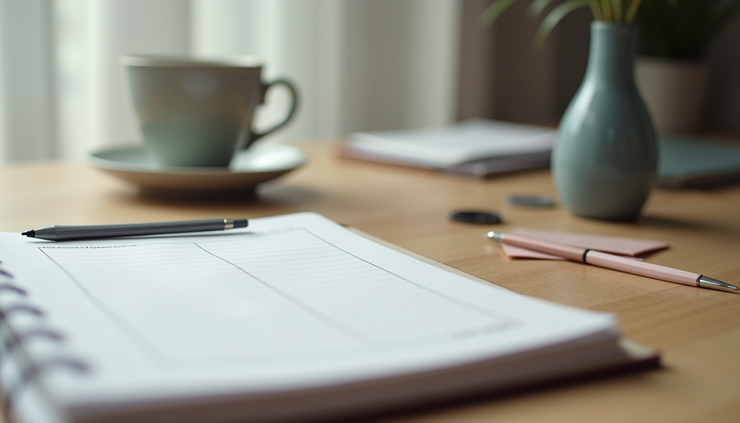 Eye-level view of a neatly organized desk with a planner and a cup of coffee