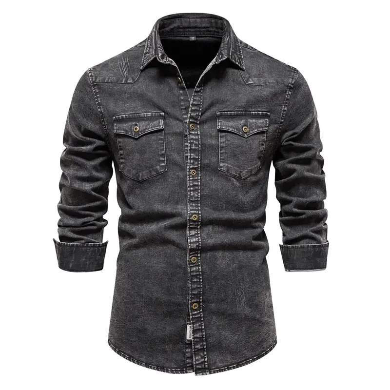 Thumbnail: Vintage Streetwear Long Sleeve Washed Denim Shirt Men Casual Cotton Jean Shirt