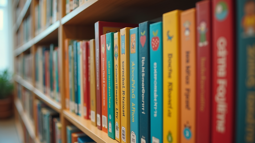 Eye-level view of a colourful bookshelf filled with children’s educational books