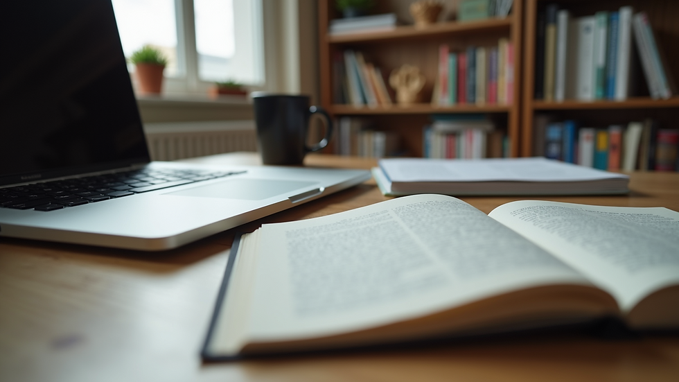 Close-up view of a desk with academic books, notes, and a laptop