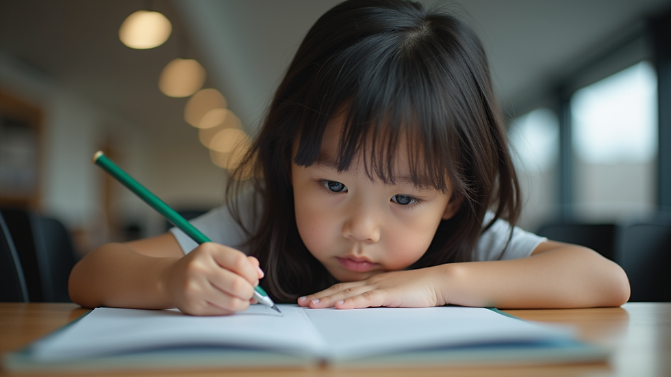 Eye-level view of a child studying at a desk with a laptop