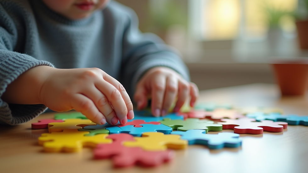 Close-up view of a child’s hands assembling a colourful educational puzzle