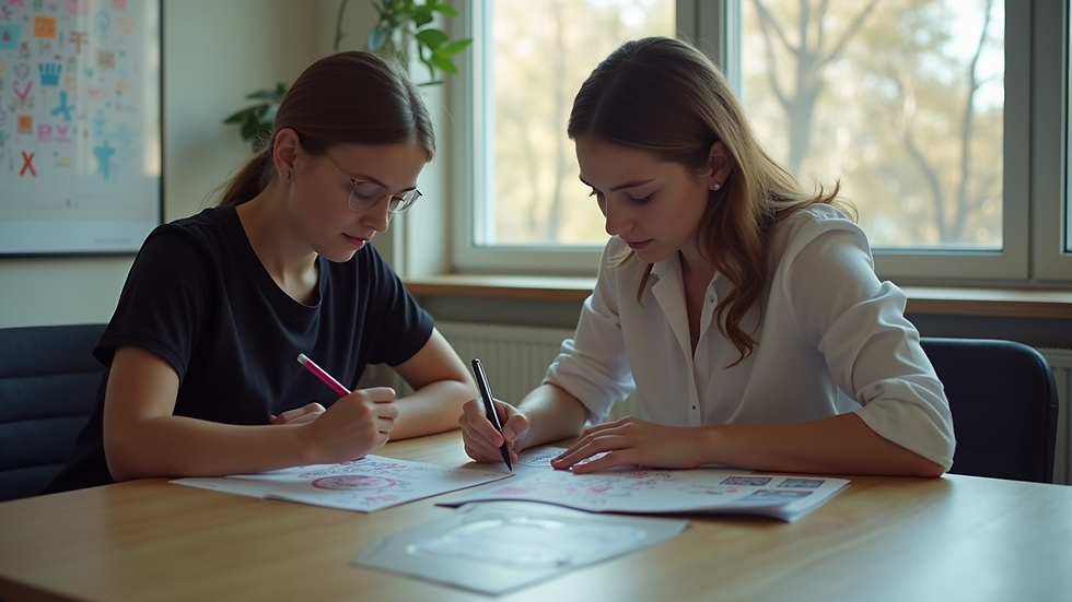 High angle view of a tutor working one-on-one with a student using flashcards